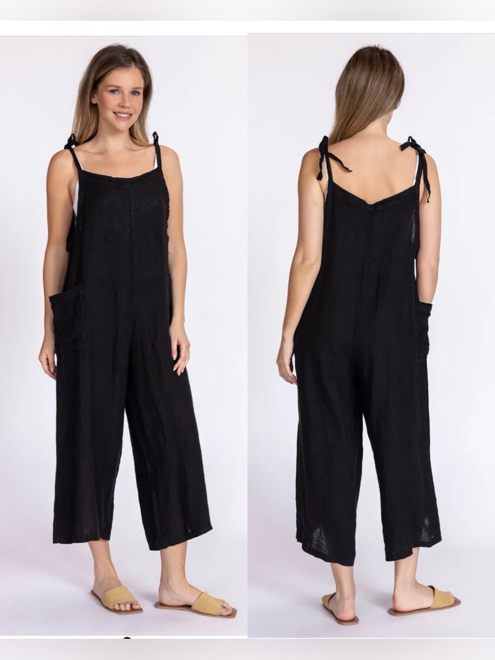 Good Day 100% Linen Jumpsuit in Black Lagenlook Artsy Resort , size M